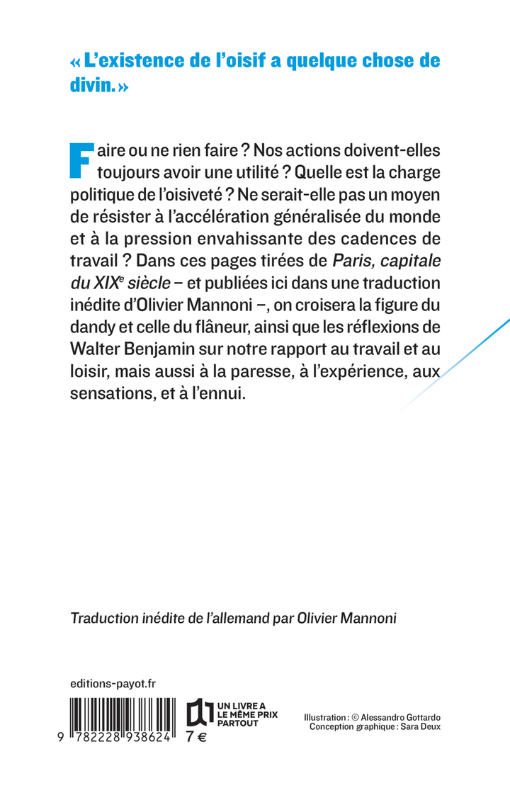 De l'oisiveté - Walter BENJAMIN, Olivier Mannoni, Walter BENJAMIN, Olivier Mannoni - PAYOT