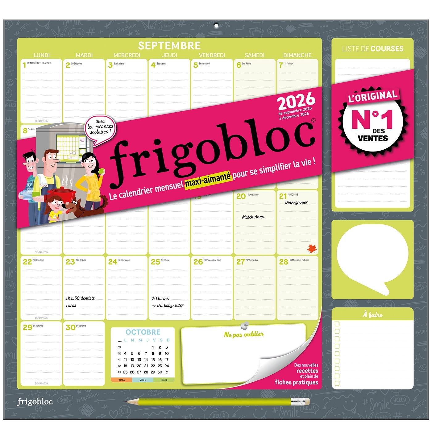 Frigobloc Mensuel 2026 - Calendrier d'organisation familiale / mois (de sept. 2025 à déc. 2026) -  - PLAY BAC