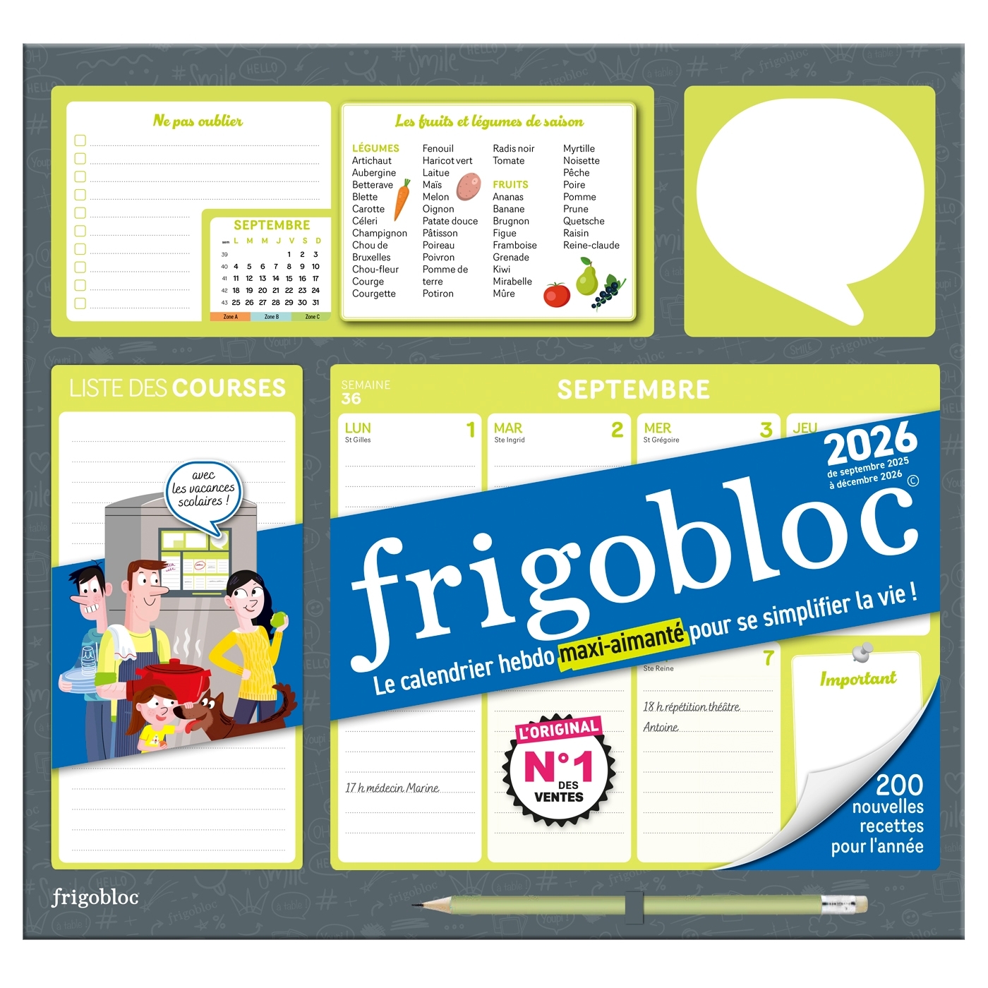 Frigobloc Hebdomadaire 2026 - Calendrier d'organisation familiale / sem (de sept. 2025 à déc. 2026) -  - PLAY BAC