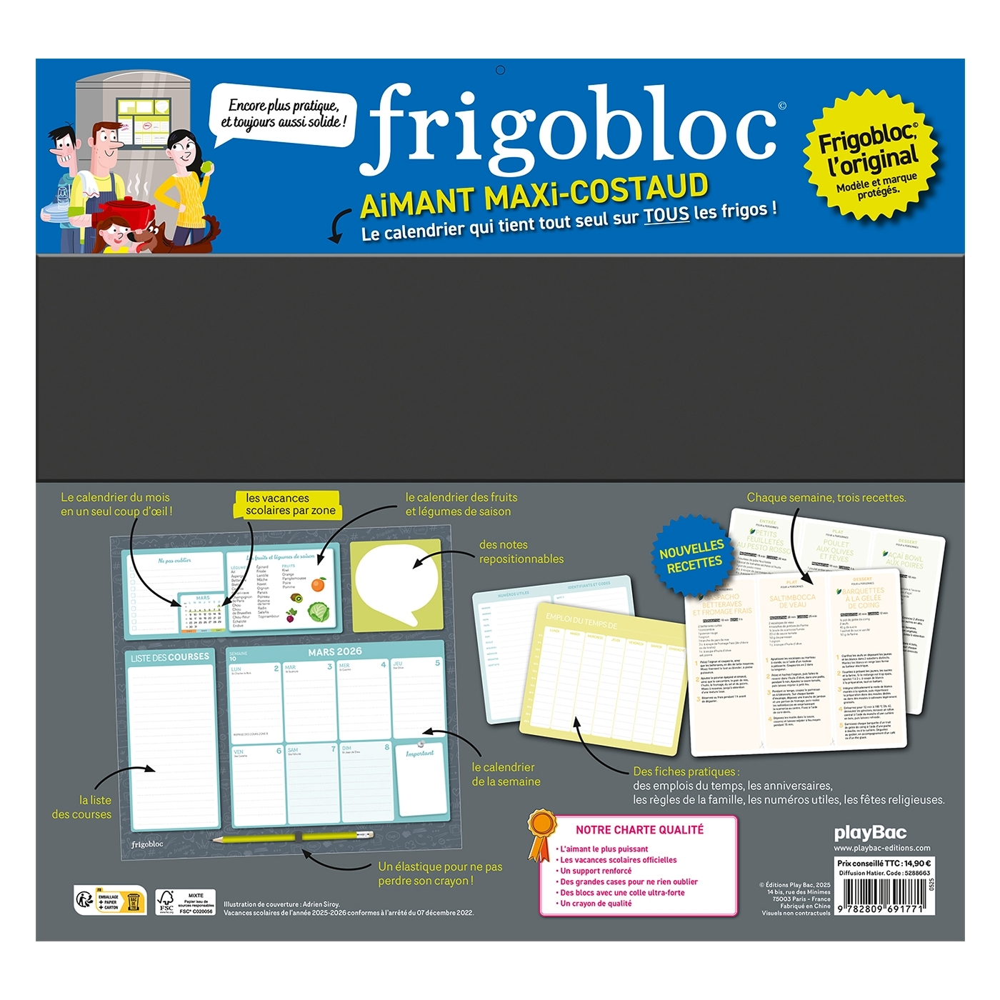 Frigobloc Hebdomadaire 2026 - Calendrier d'organisation familiale / sem (de sept. 2025 à déc. 2026) -  - PLAY BAC