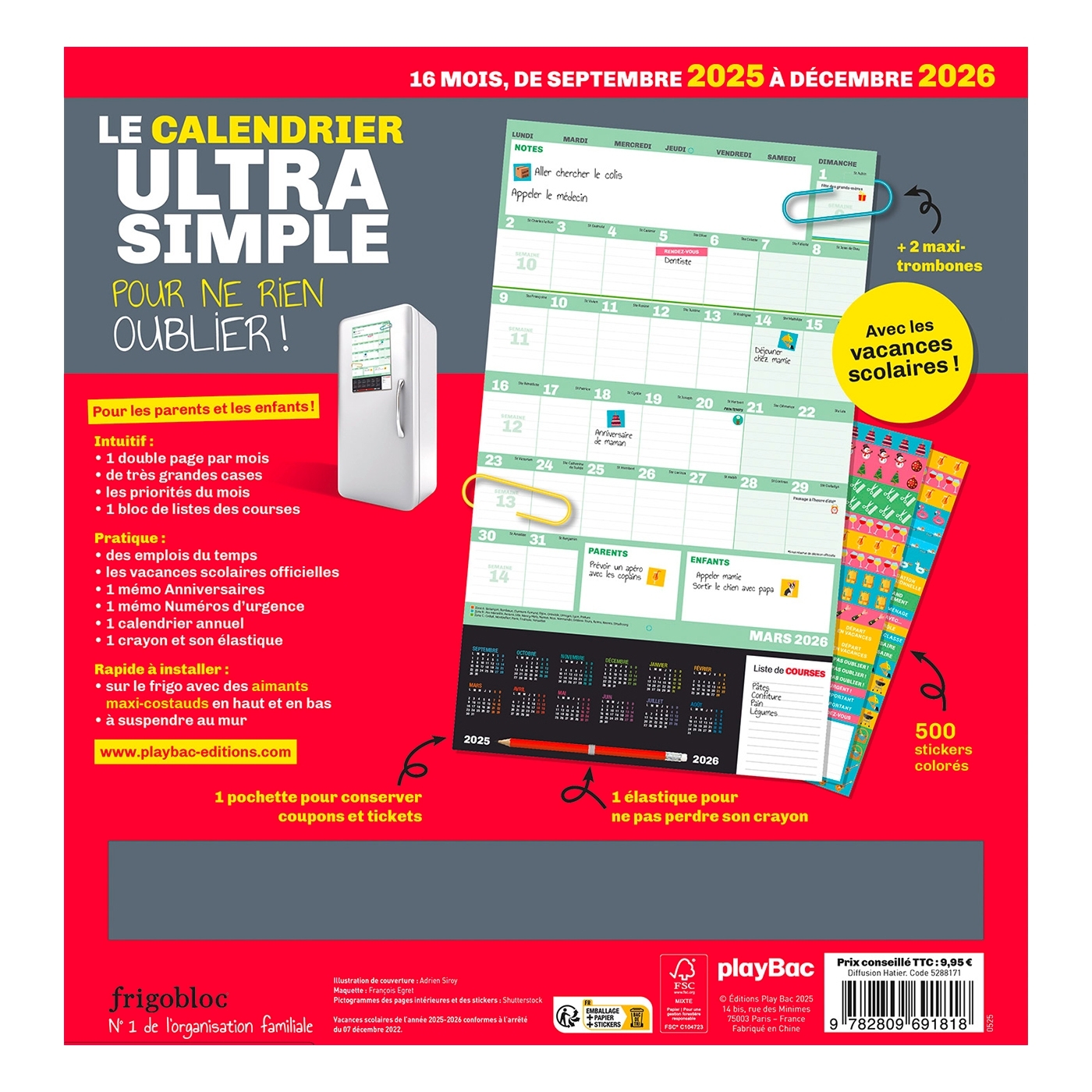 Frigobloc Le mini calendrier Ultra Simple pour une famille organisée ! (de sept. 2025 à déc. 2026) -   - PLAY BAC