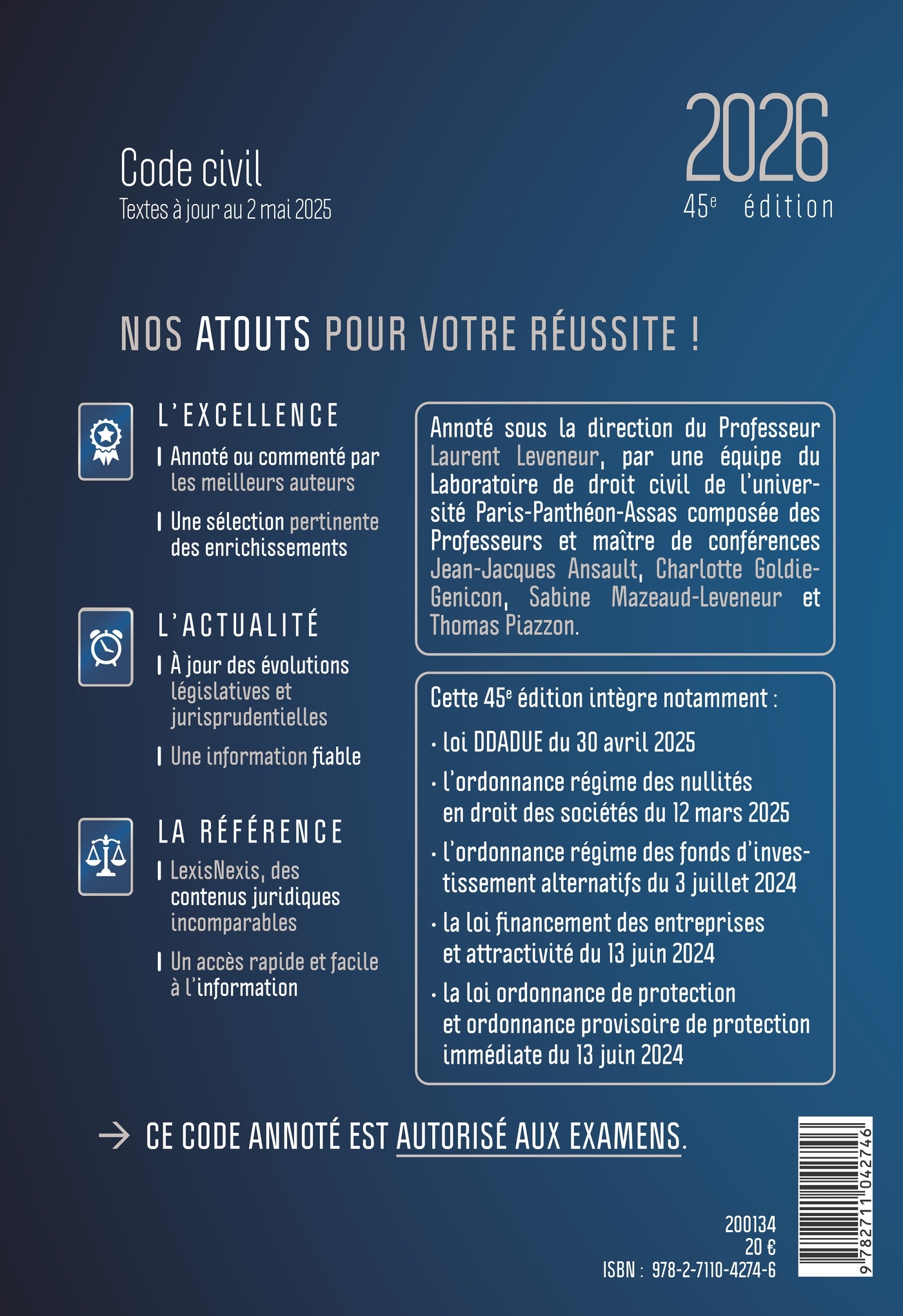 Code civil 2026 - Laurent Leveneur (sous dir.), Jean-Jacques Ansault, Charlotte Goldie-Genicon, Sabine Mazeaud-Leveneur, Thomas Piazzon - LEXISNEXIS