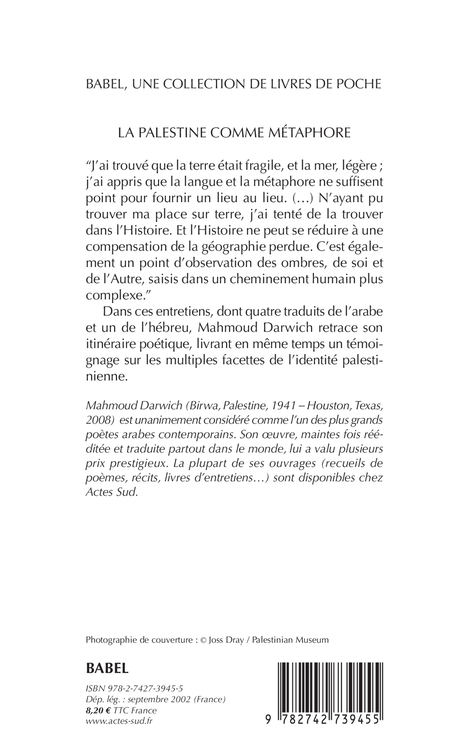 La palestine comme métaphore - Mahmoud Darwich - ACTES SUD