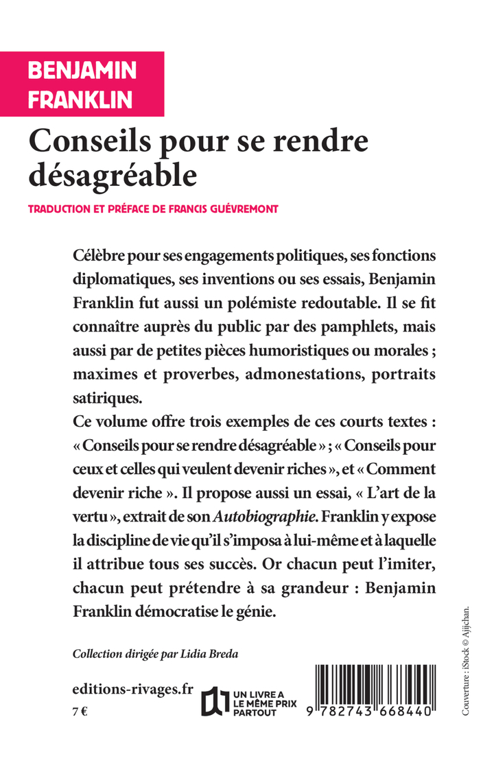 Conseils pour se rendre désagréable - Benjamin Franklin, Francis Guévremont - RIVAGES