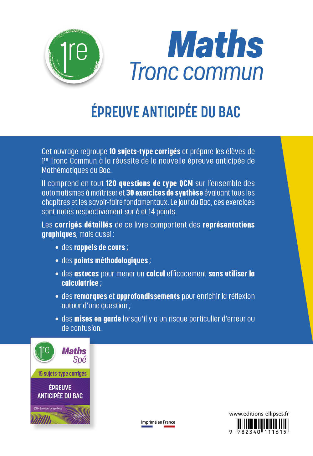 Maths Tronc commun - Première - 10 sujets-type corrigés de l’épreuve anticipée du Bac - Cédric Thomas - ELLIPSES