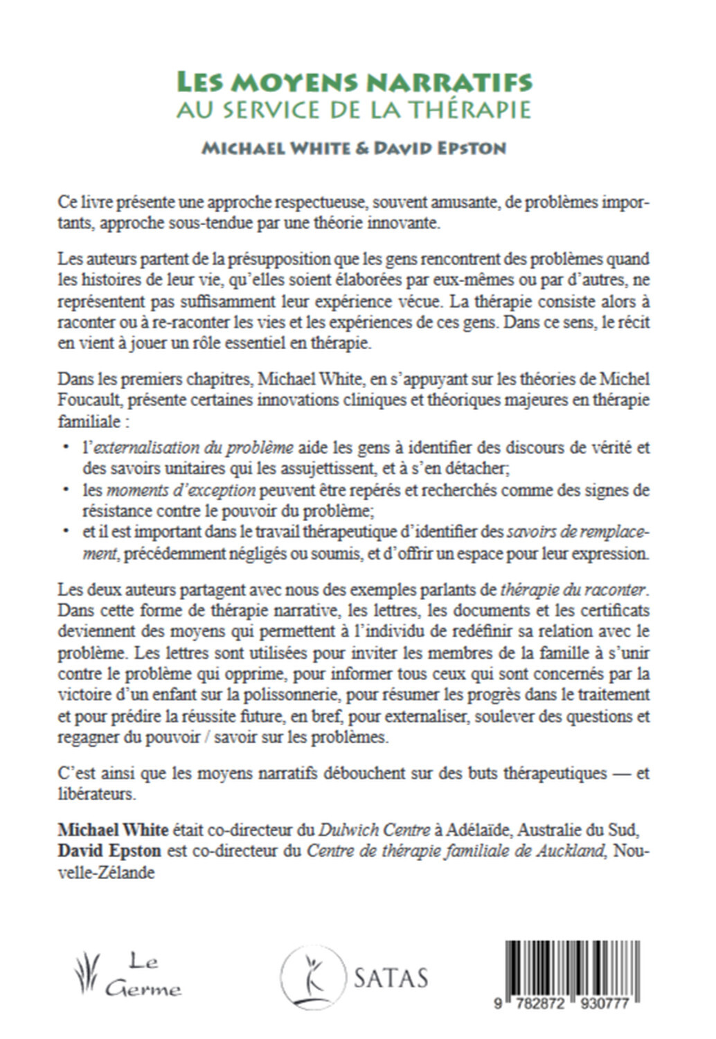 Les moyens narratifs au service de la thérapie -  WHITE M/EPSTON, Michael White, David Epston - SATAS