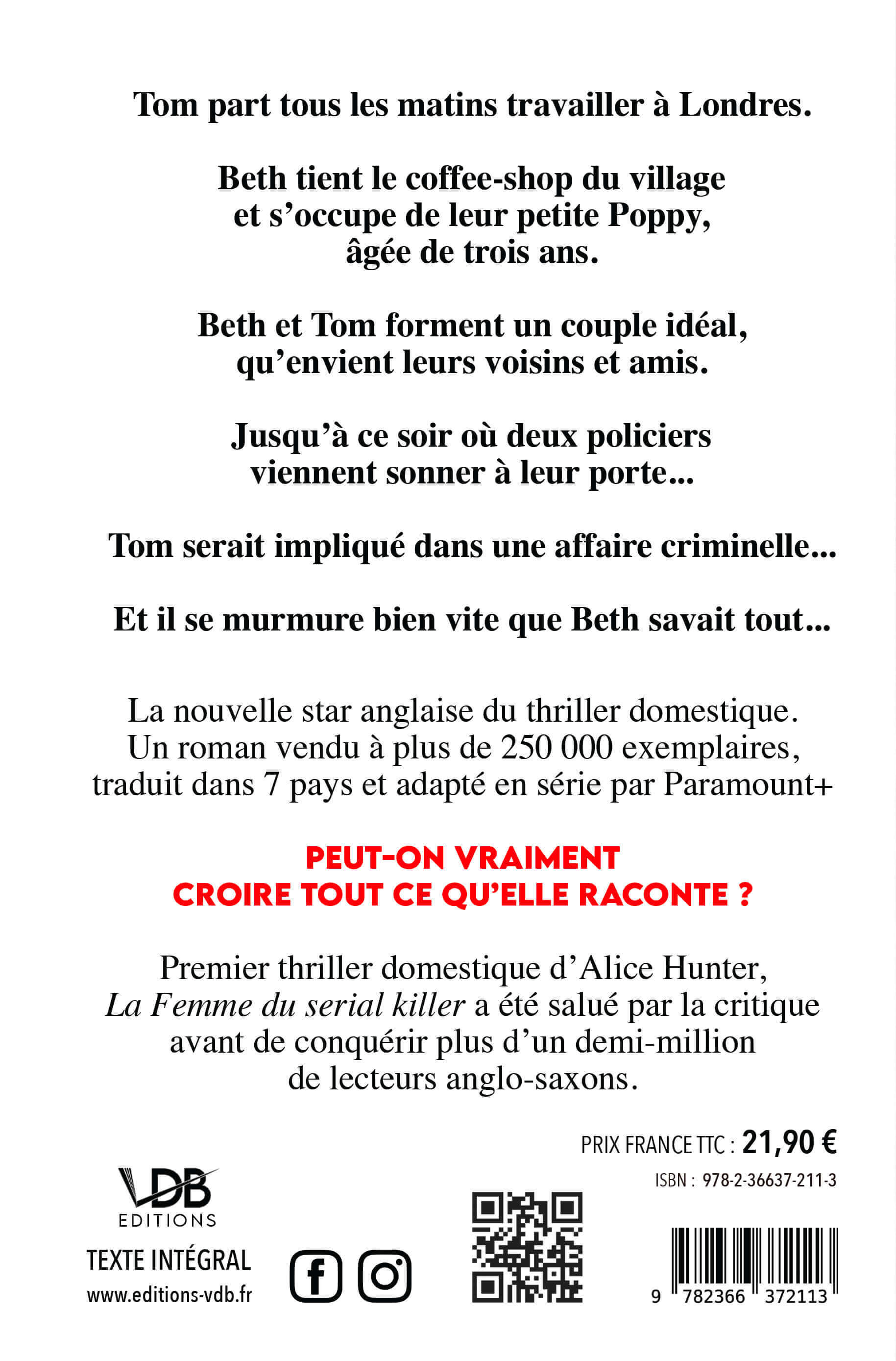 LA FEMME DU SERIAL KILLER - Alice Hunter - EDITIONS VDB