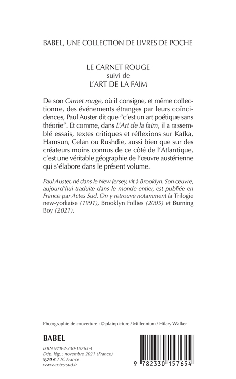 Le Carnet rouge suivi de L'Art de la faim - Paul Auster - ACTES SUD