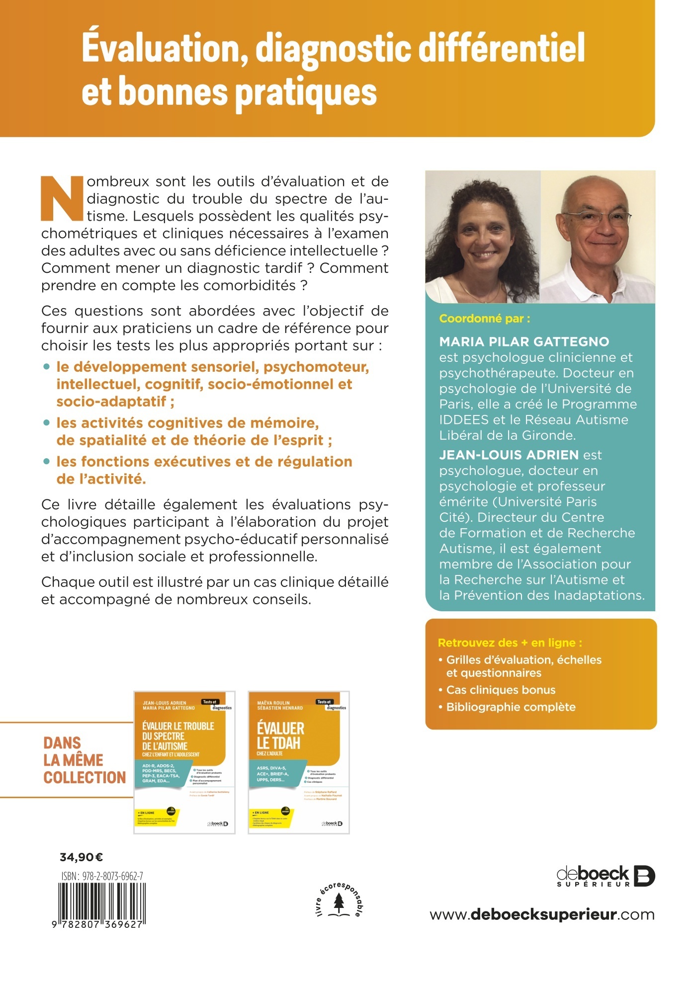 Évaluer le trouble du spectre de l’autisme chez l’adulte - Jean-Louis Adrien, Maria Pilar Gattegno, Carole Tardif, Bruno Gepner - DE BOECK SUP