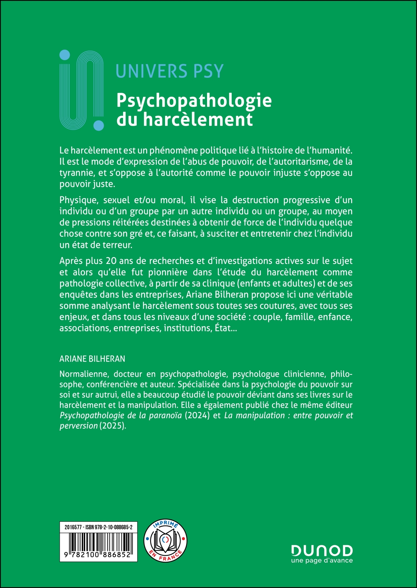 Psychopathologie du harcèlement - Ariane Bilheran - DUNOD