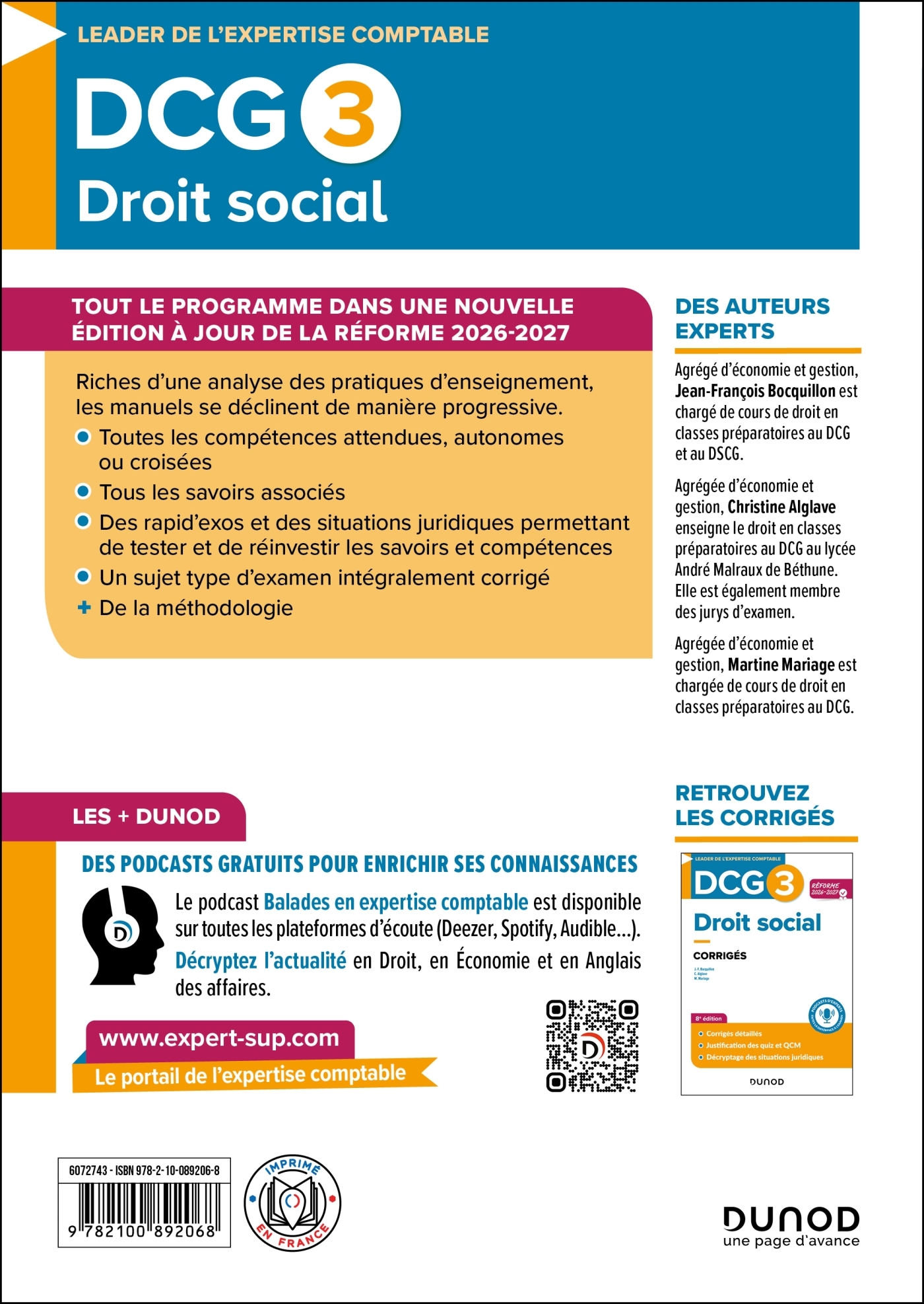 DCG 3 - Droit social - Manuel - Réforme 2026-2027 - Jean-François Bocquillon, Christine Alglave, Martine Mariage - DUNOD