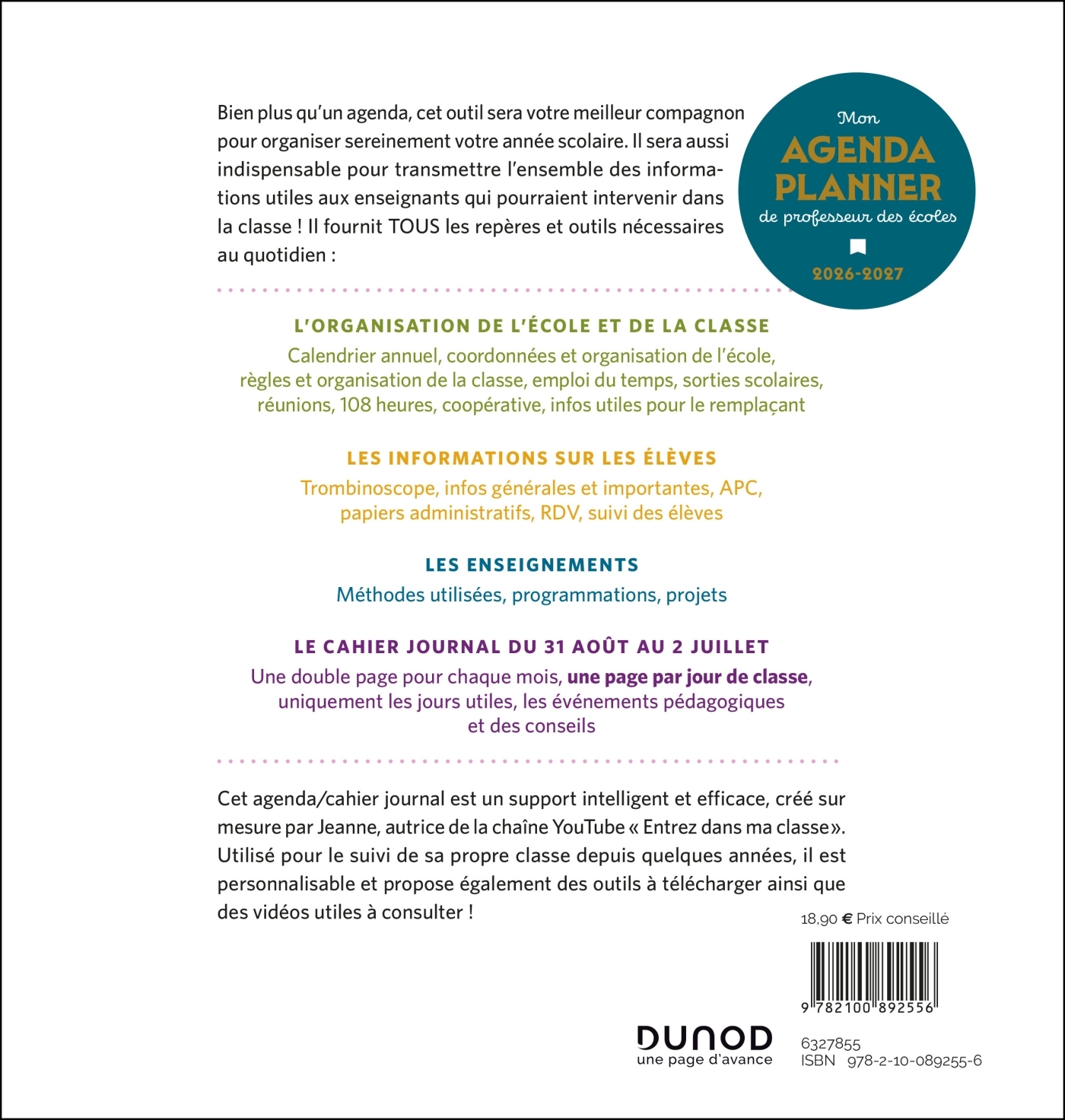 Mon Agenda planner de professeur des écoles - 2026-2027 -  Jeanne - DUNOD