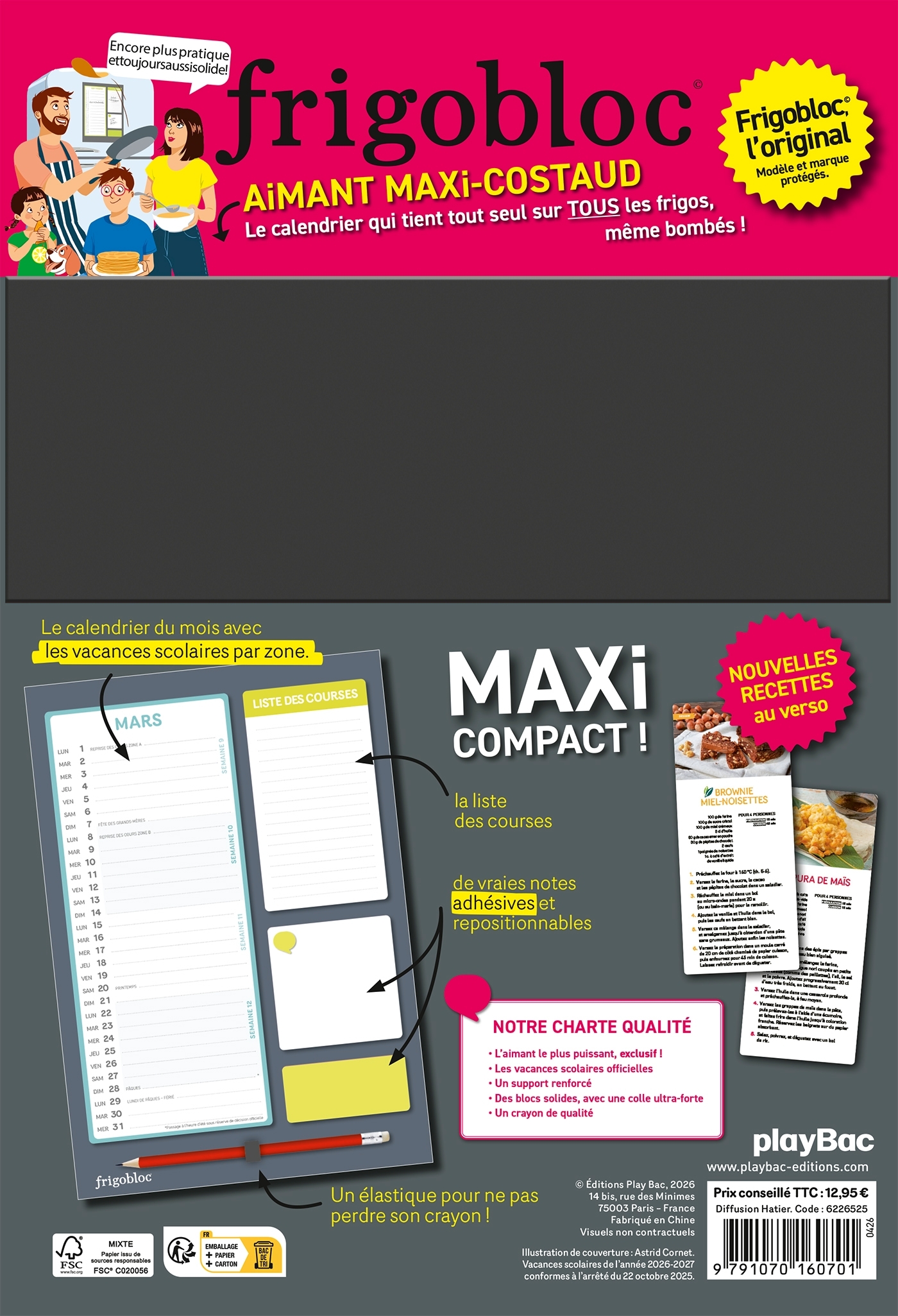 Frigobloc Mensuel Compact 2027  - Calendrier Compact / mois (de sept. 2026 à déc. 2027) -   - PLAY BAC