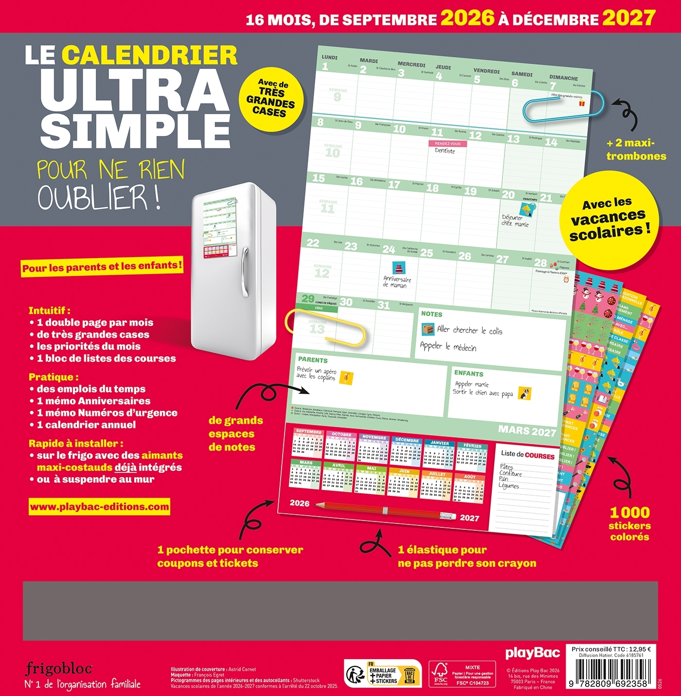 Frigobloc Le calendrier Ultra Simple pour une famille organisée ! (de sept. 2026 à déc. 2027) -   - PLAY BAC