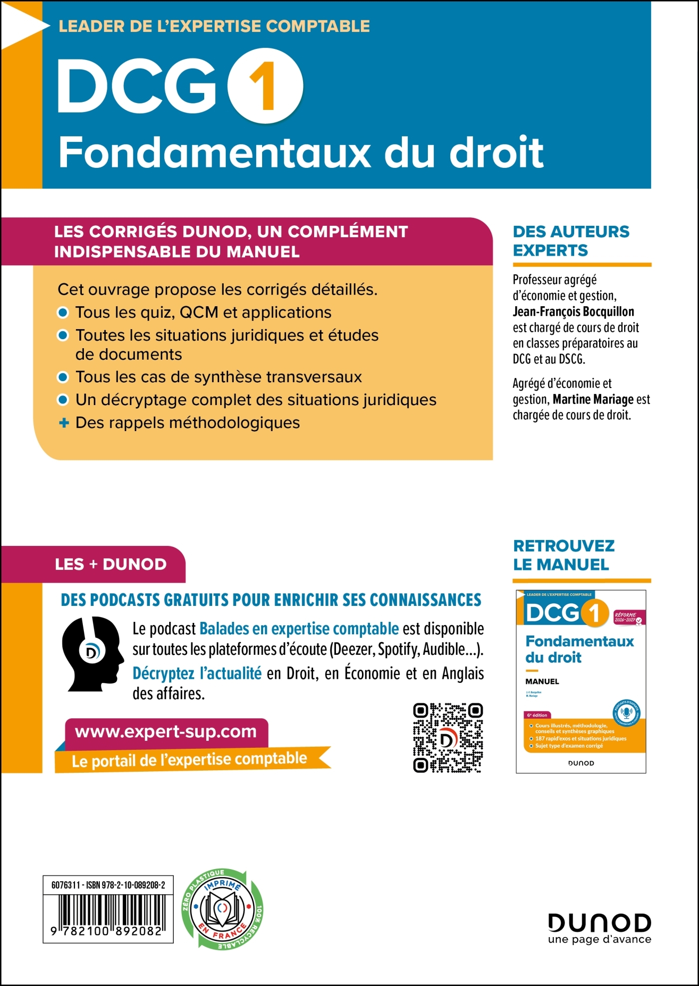 DCG 1 - Fondamentaux du droit - Corrigés - Réforme 2026-2027 - Jean-François Bocquillon, Martine Mariage - DUNOD