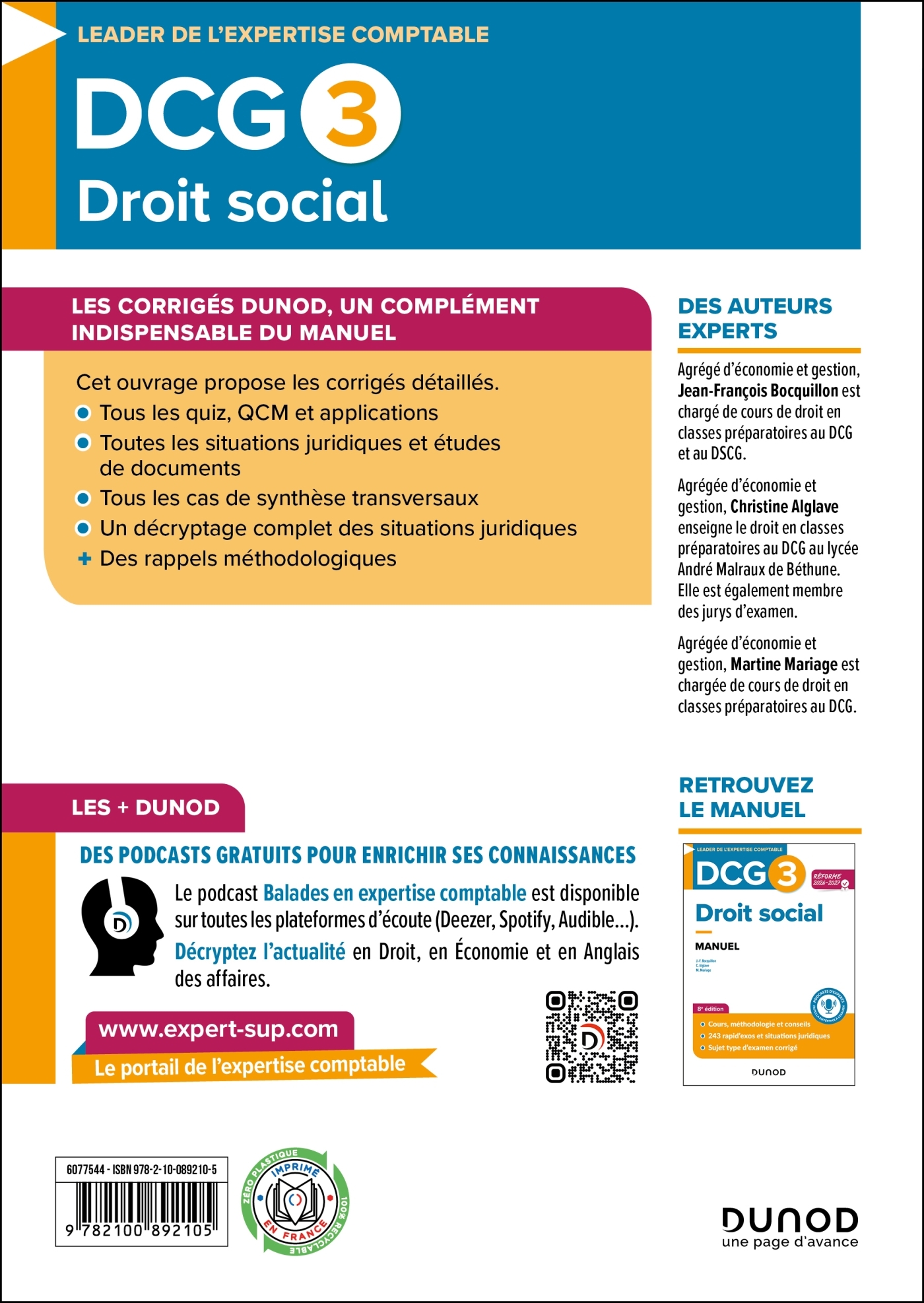 DCG 3 - Droit social - Corrigés - Réforme 2026-2027 - Jean-François Bocquillon, Christine Alglave, Martine Mariage - DUNOD