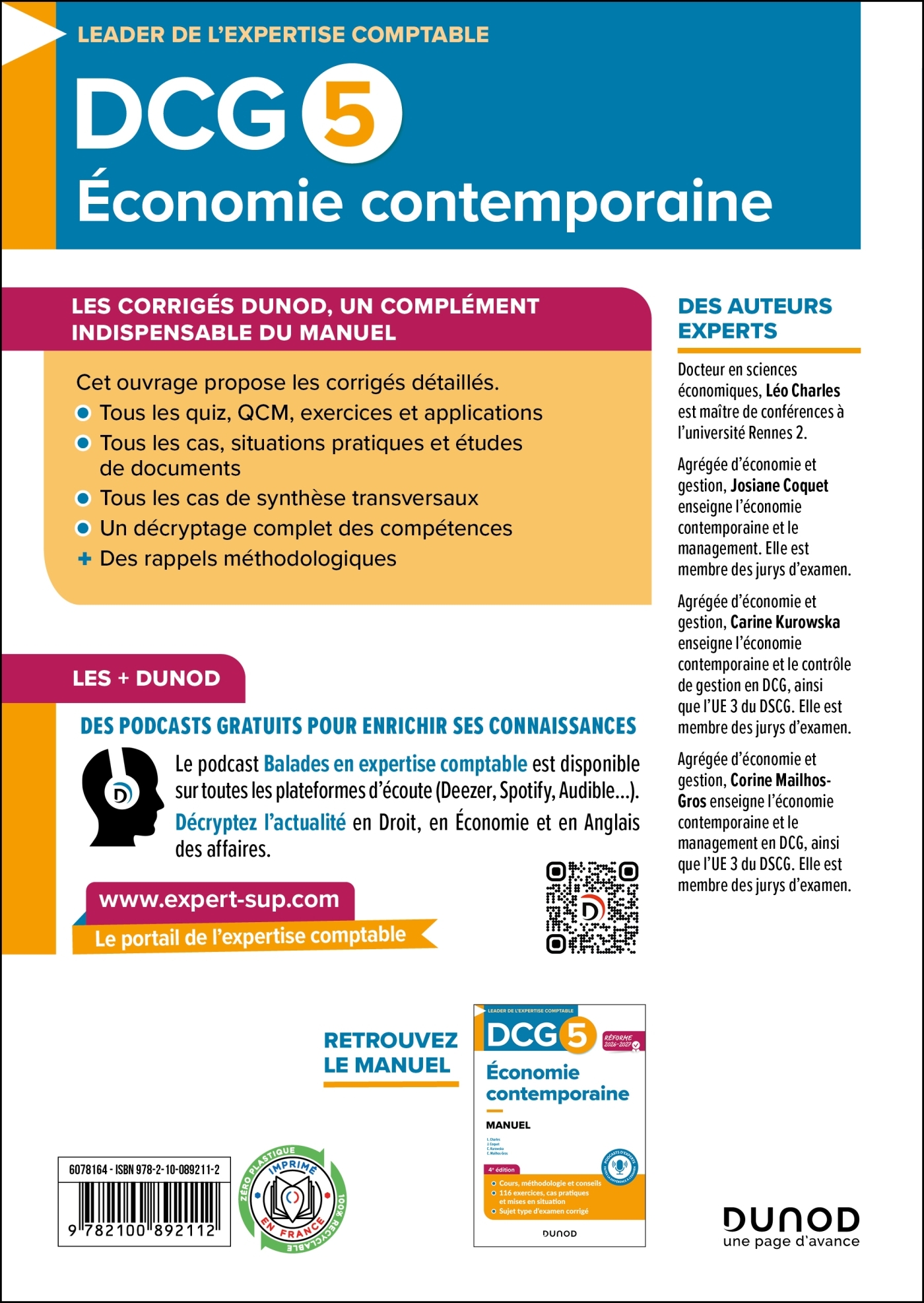 DCG 5 - Economie contemporaine - Corrigés - Réforme 2026-2027 - Corine Gros, Carine Kurowska, Léo CHARLES, Josiane Coquet, Corine Mailhos-Gros - DUNOD