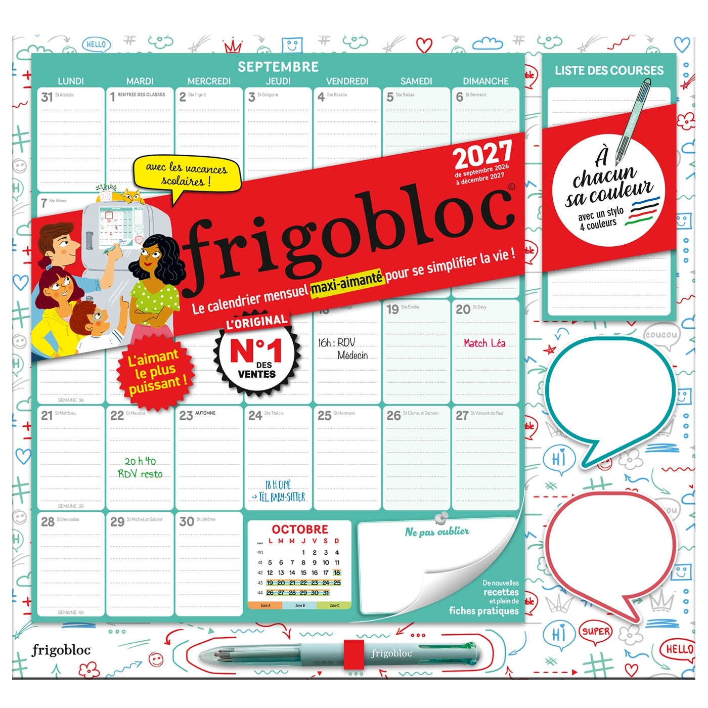 Frigobloc Mensuel 4 couleurs 2027  - Calendrier / mois (de sept. 2026 à déc. 2027) -  Collectif - PLAY BAC