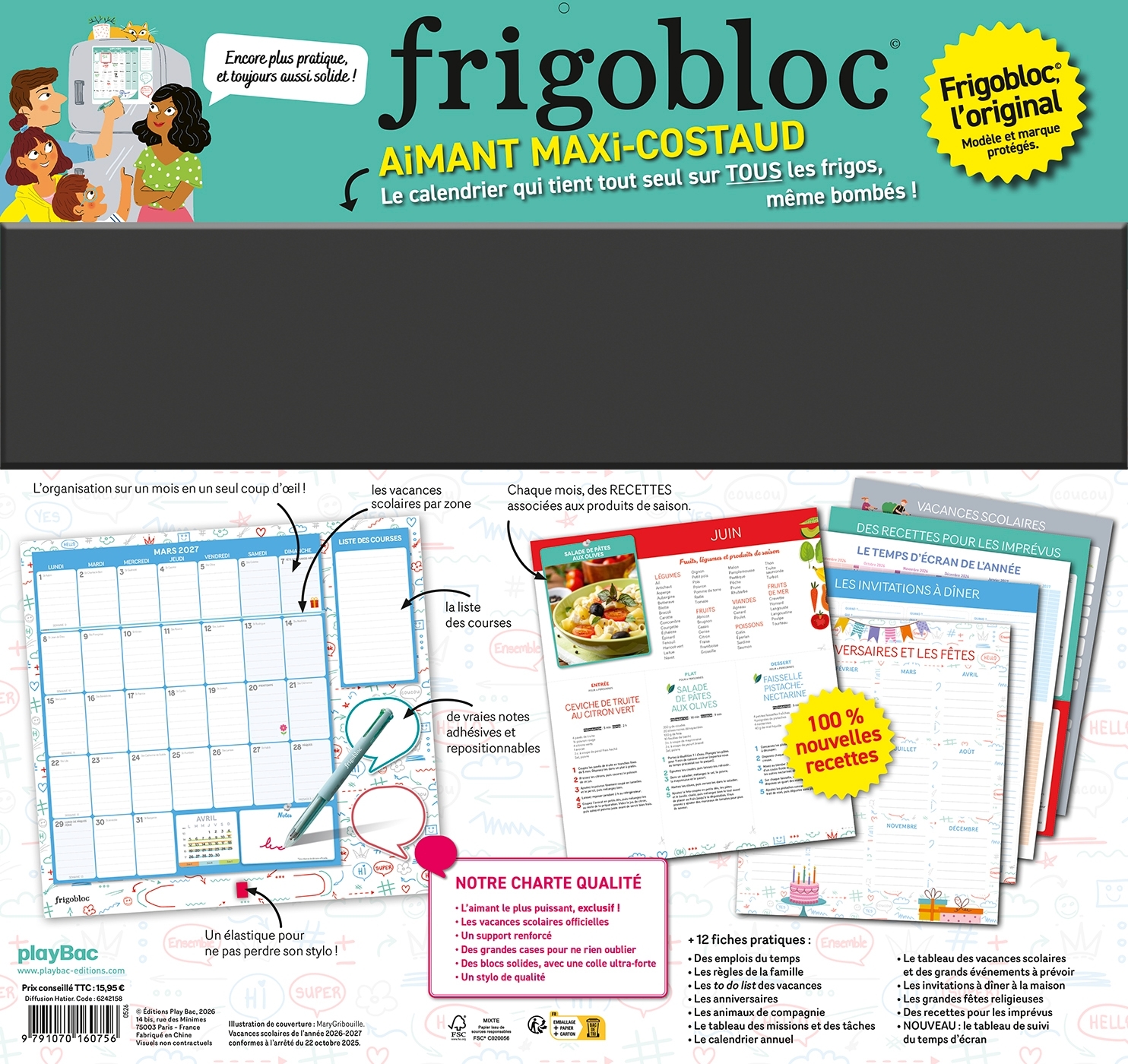 Frigobloc Mensuel 4 couleurs 2027  - Calendrier / mois (de sept. 2026 à déc. 2027) -  Collectif - PLAY BAC