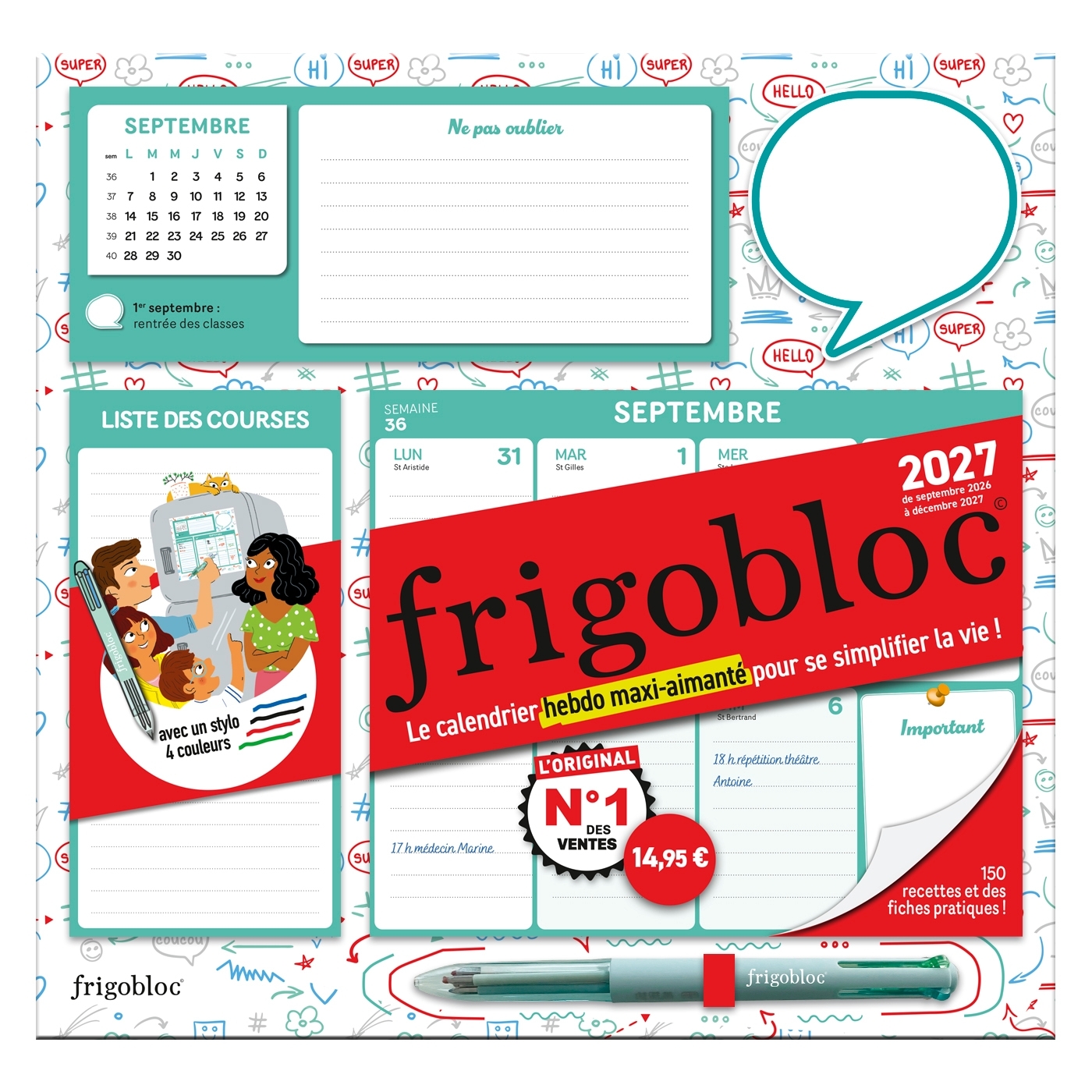 Frigobloc Hebdomadaire 4 couleurs 2027 (de sept. 2026 à déc. 2027) -   - PLAY BAC