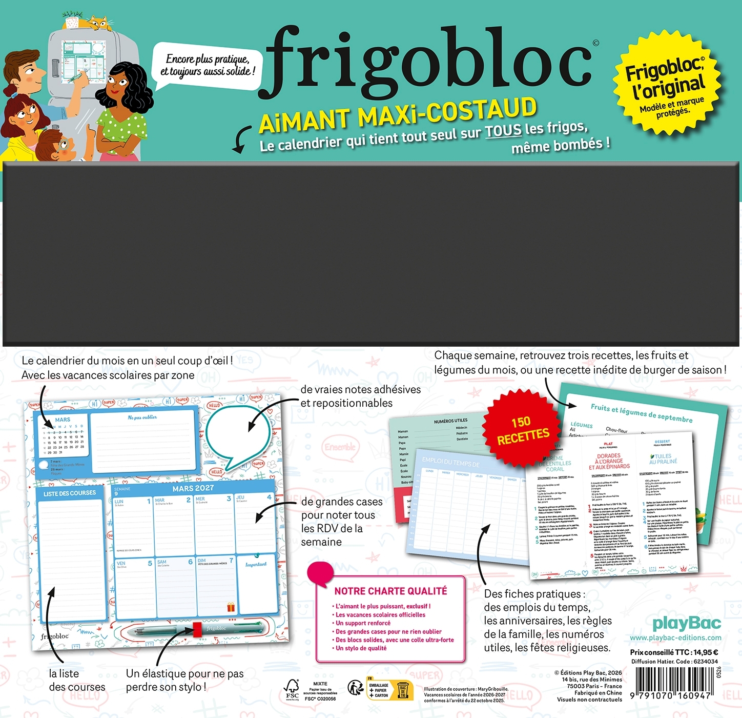 Frigobloc Hebdomadaire 4 couleurs 2027 (de sept. 2026 à déc. 2027) -   - PLAY BAC