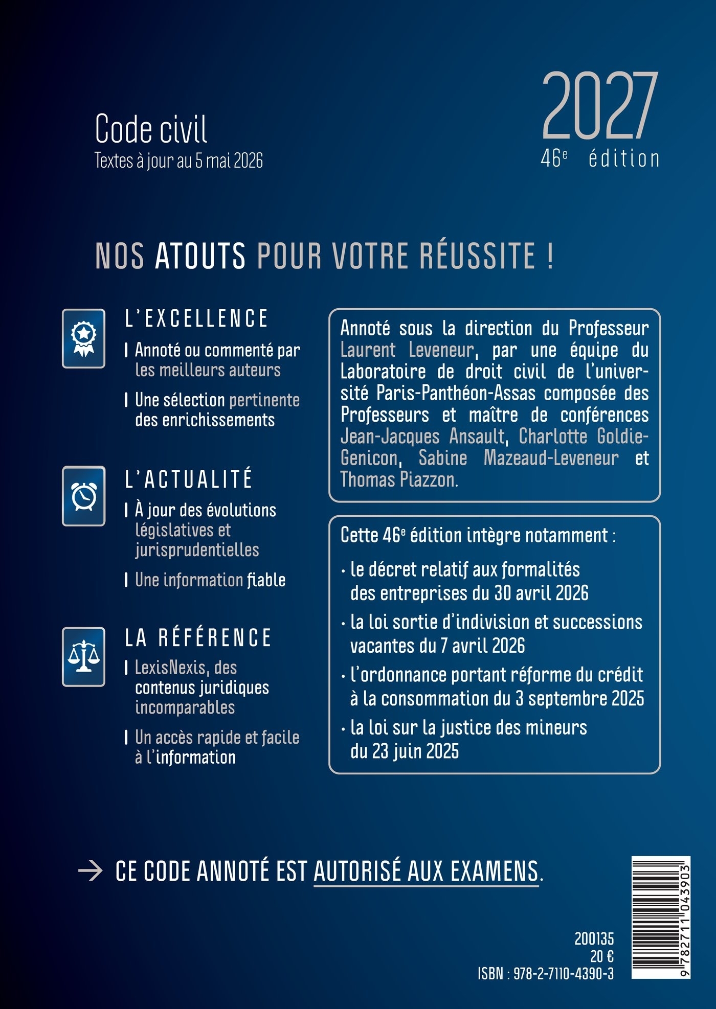 Code civil 2027 - Laurent Leveneur (sous dir.), Jean-Jacques Ansault, Charlotte Goldie-Genicon, Sabine Mazeaud-Leveneur, Thomas Piazzon - LEXISNEXIS