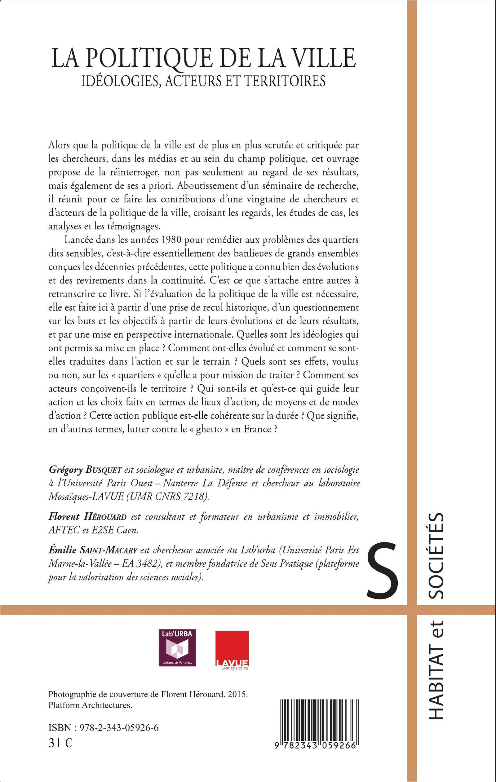 La politique de la ville - Grégory Busquet, Florent Hérouard, Emilie Saint-Macary,  Busquet gregory - L'HARMATTAN