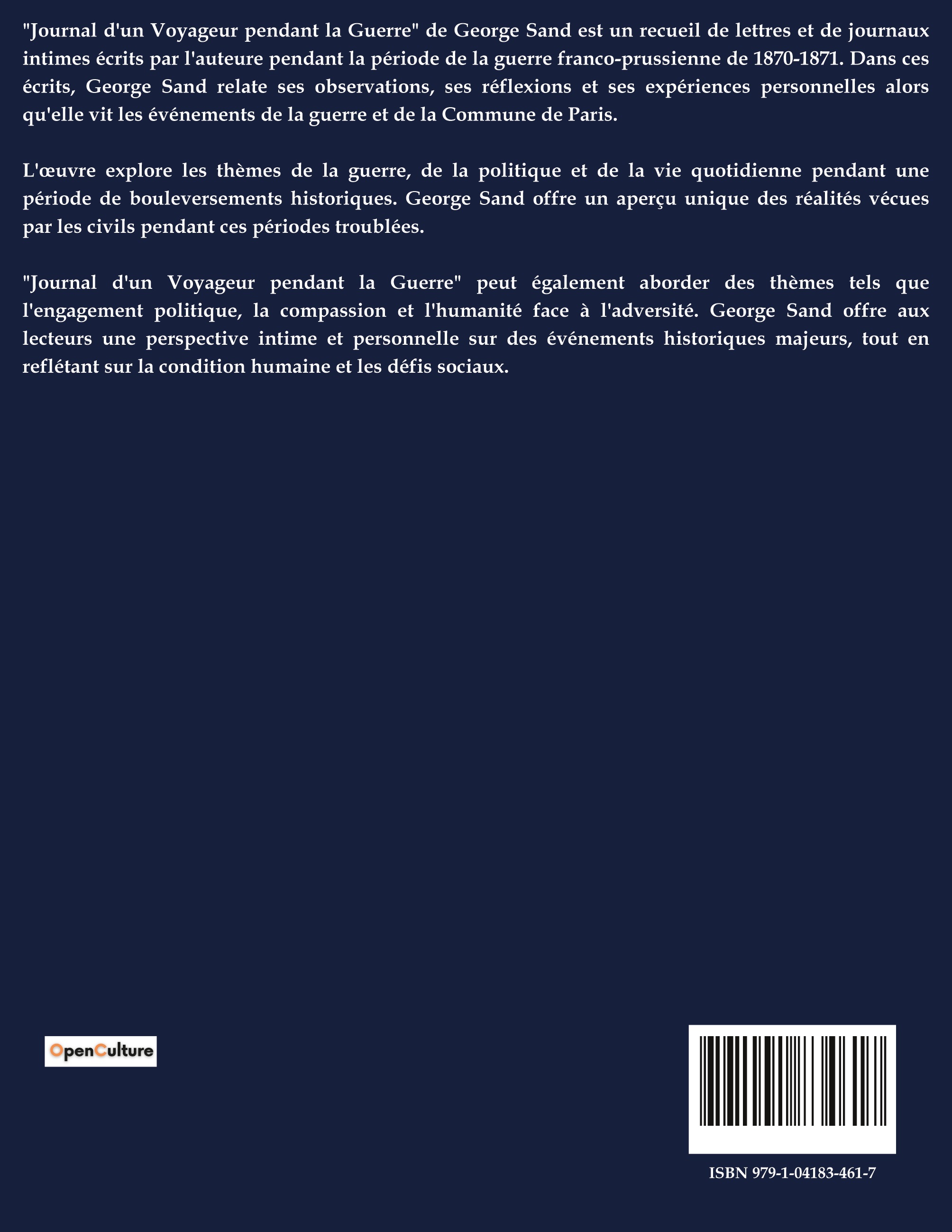 JOURNAL D'UN VOYAGEUR PENDANT LA GUERRE - George Sand - CULTUREA
