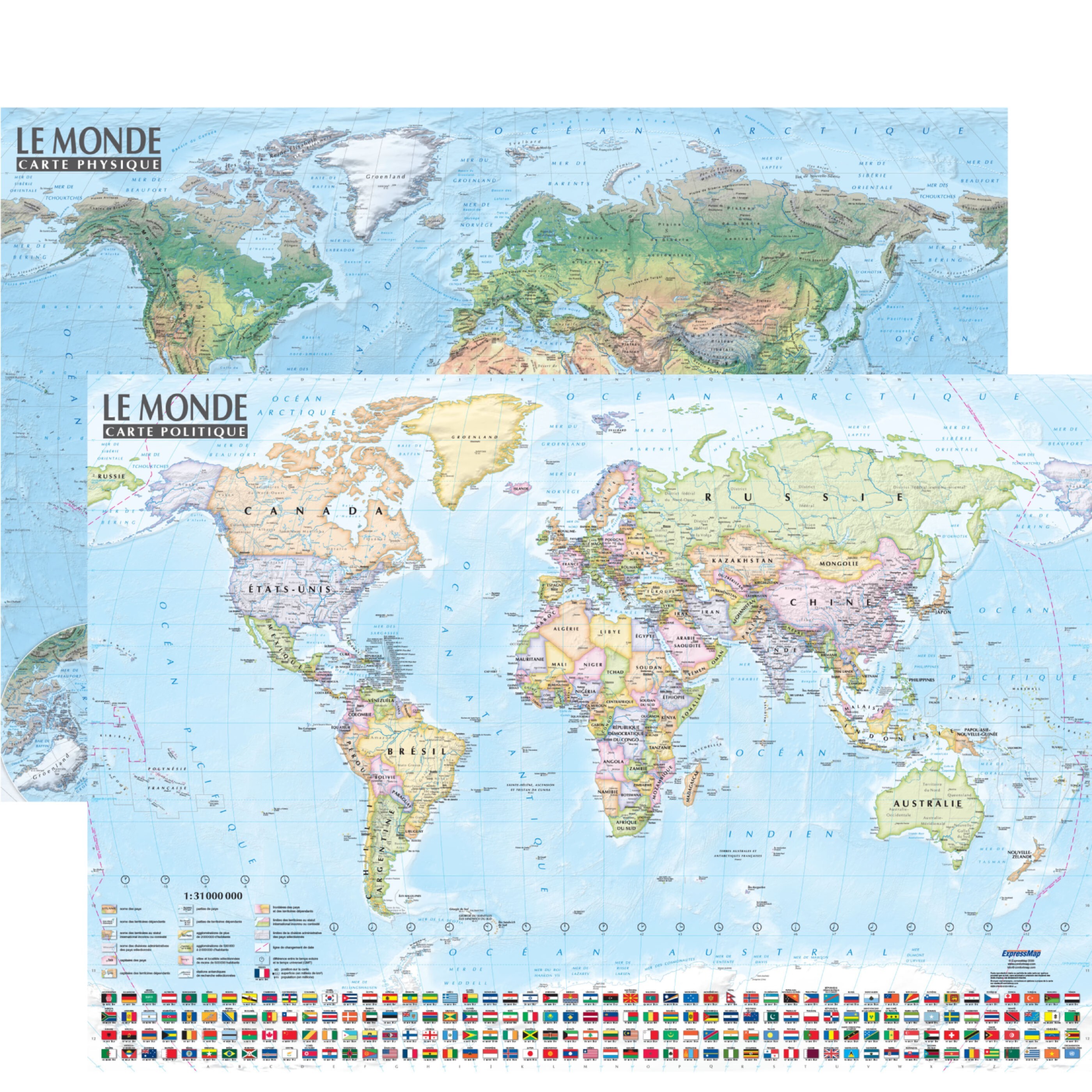 Monde 1/31.000.000 – carte politique et physique (sans barres alu) 95 × 67 cm -  - EXPRESSMAP