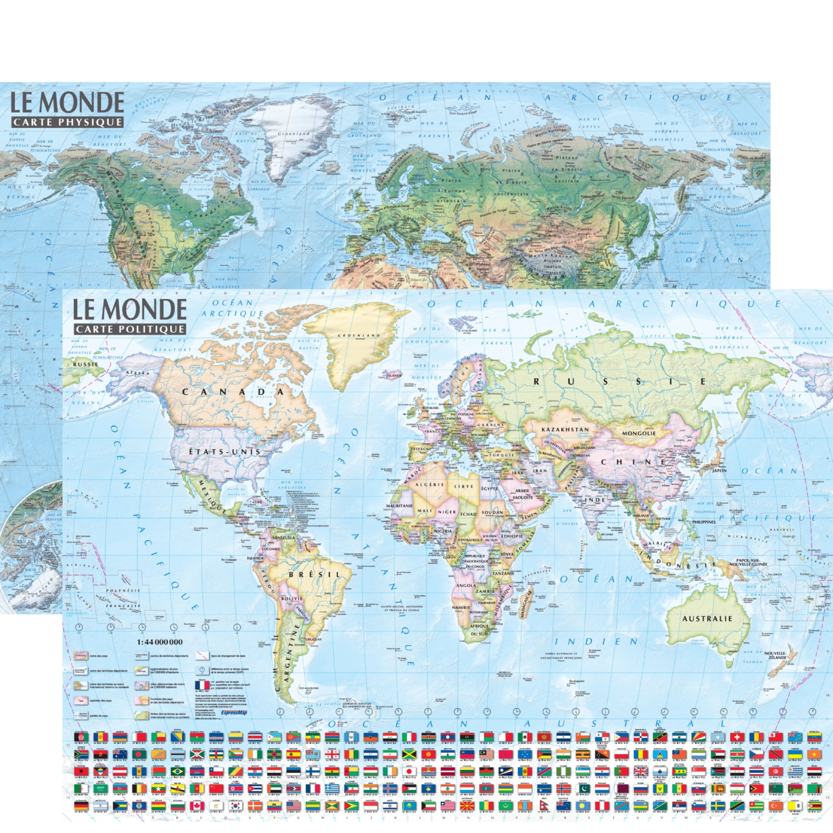 Monde 1/44.000.000 – carte politique et physique (sans barres alu) 67 × 47 cm -  - EXPRESSMAP