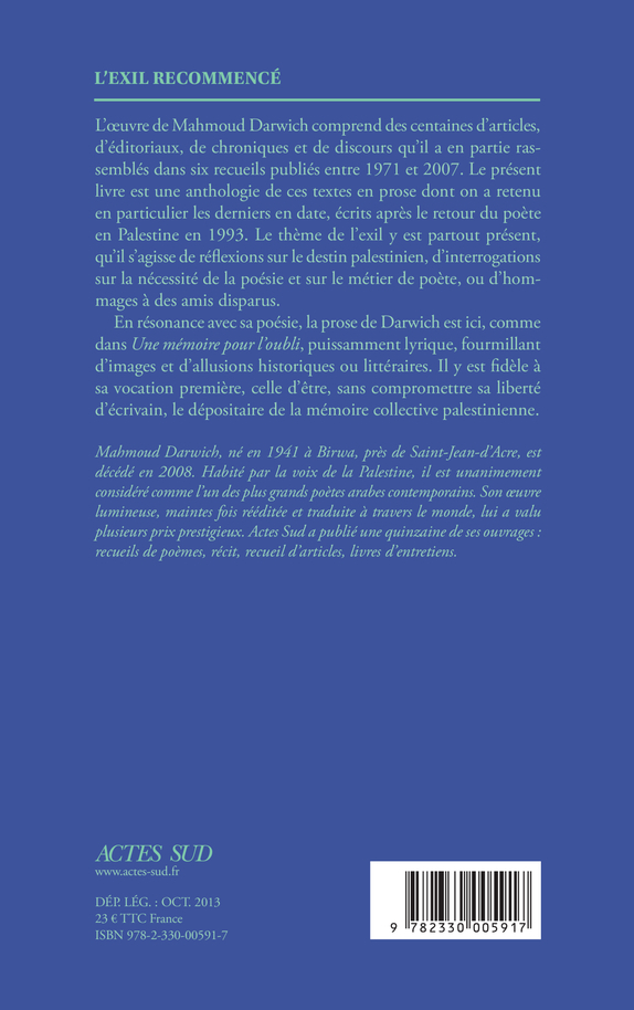 L'exil recommencé - Mahmoud Darwich - ACTES SUD